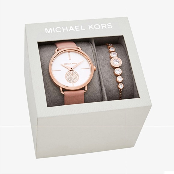 Michael Kors MK3863 Portia Women`s Watch Gift Set + Bracelet Rose Leather Strap - Picture 1 of 6
